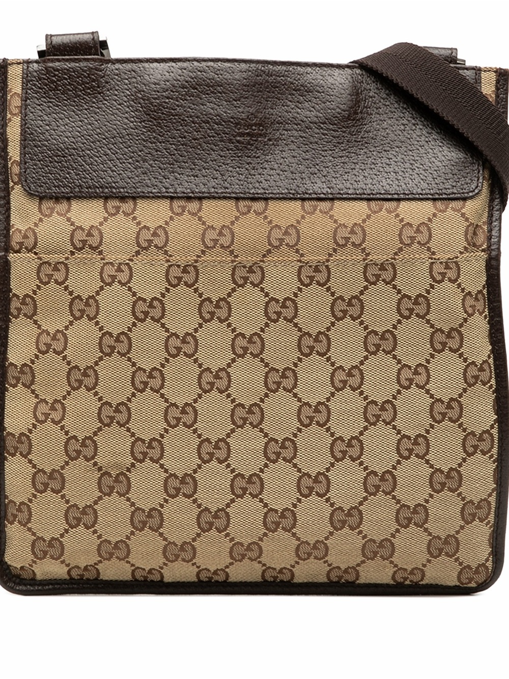 Gucci GG Canvas & Dark Brown Leather Flat Messenger Crossbody Bag (w/ COA)